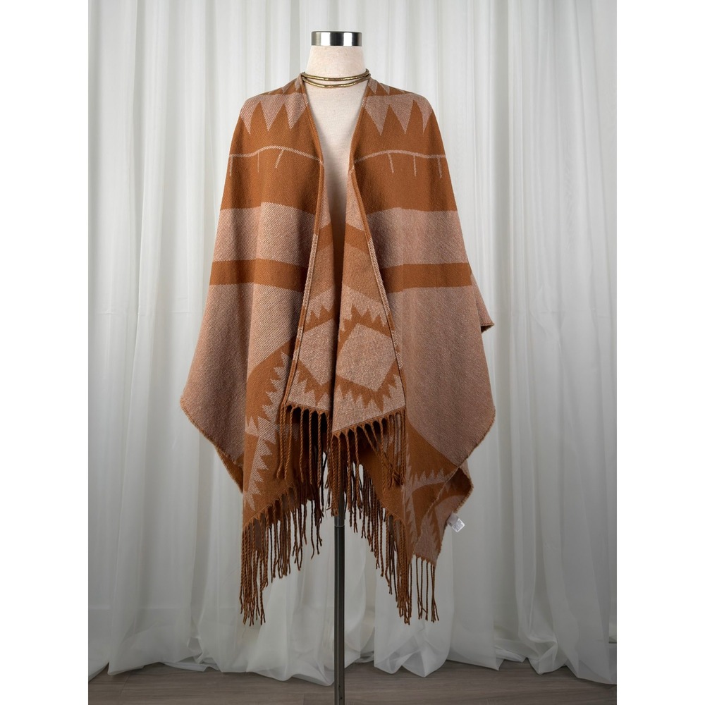 Treasure & Bond Geometric Fringe Knit Poncho Wrap Women Brown One Size